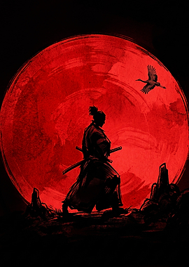 Samurai Silhouette Against Red Moon