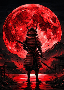 Samurai Standing Before Blood Moon