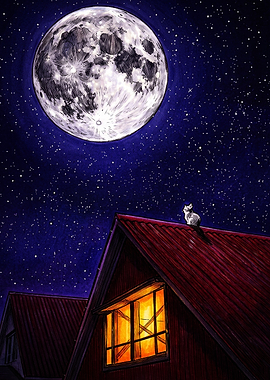 Cat Watching the Full Moon