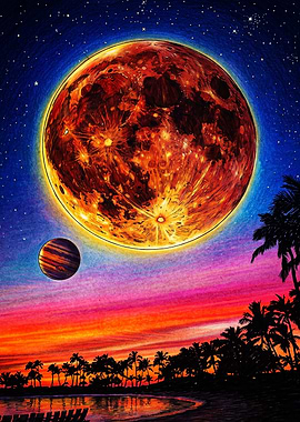 Surreal Tropical Night with Giant Moon