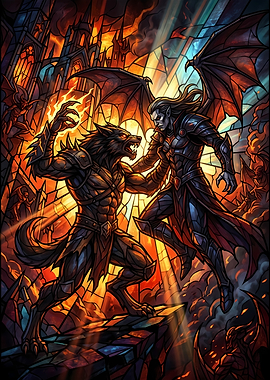Werewolf and Vampire Stained Glass Battle