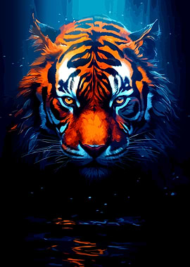 Vibrant Tiger Portrait in Dark Water