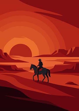 Lone Cowboy Riding at Sunset