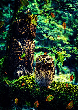 Little Owl and Wooden Owl Statue