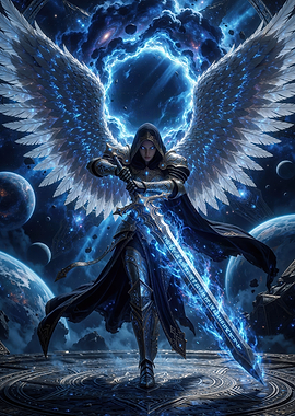 Cosmic Angel Warrior with Glowing Sword