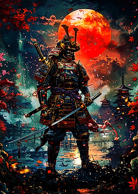 Samurai Warrior Under Red Moon
