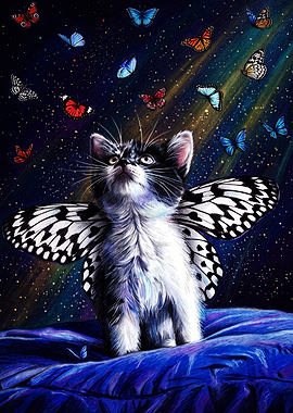 Kitten with Butterfly Wings in Space