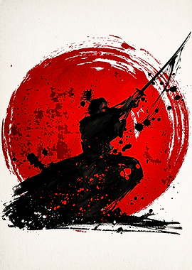 Samurai Silhouette with Red Sun