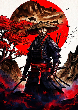 Samurai Warrior with Red Sun Background
