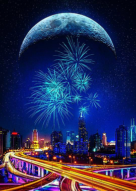 City Skyline with Fireworks and Moon