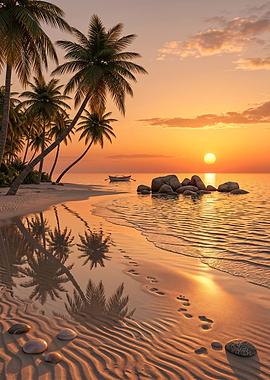 Tropical Beach Sunset with Footprints