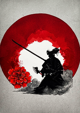 Samurai Silhouette with Red Peony