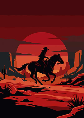 Lone Cowboy Riding at Sunset