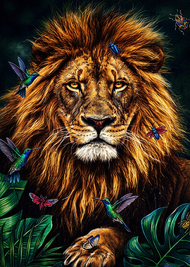 Majestic Lion Surrounded by Tropical Wildlife