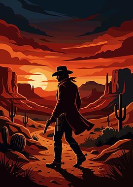 Lone Cowboy in Desert Sunset