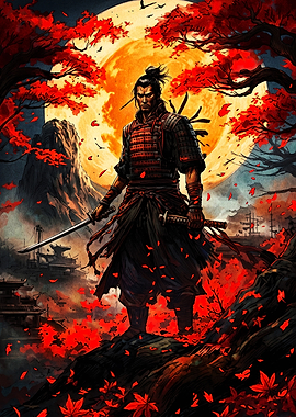 Samurai Warrior Under Blood Moon