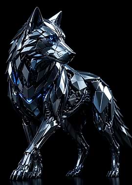Metallic Cybernetic Wolf Sculpture