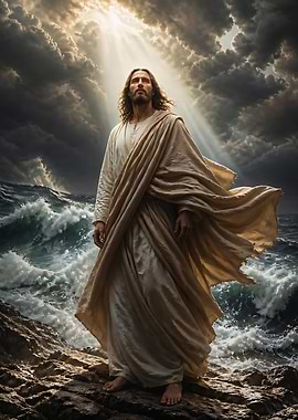 Jesus Standing on Rocky Shore