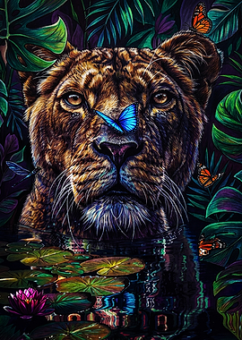 Lioness in Jungle with Butterflies
