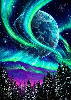 Aurora Borealis Over Snowy Forest