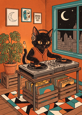 Cool Black Cat DJ Playing Vinyl
