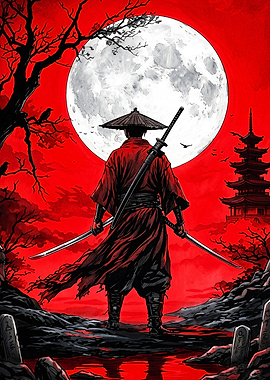 Samurai Standing Under Red Moon