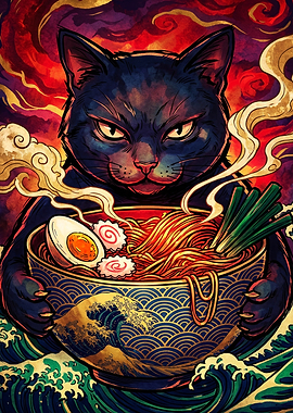 Black Cat Eating Ramen Bowl Art