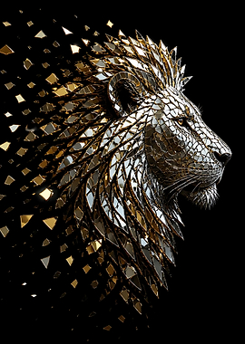 Golden Shattered Mirror Lion Portrait