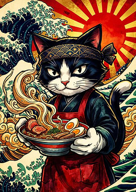 Cat Chef Serving Ramen Ukiyo-e Style