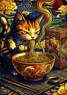 Cat Eating Ramen Japanese Art