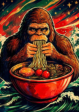 Bigfoot Eating Ramen Noodles Illustration