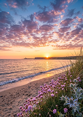 Coastal Sunset with Sea Thrift Flowers