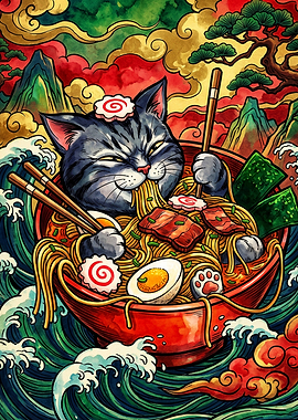 Cat Eating Ramen Ukiyo-e Style