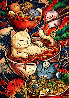 Cute Cats Eating Ramen Art