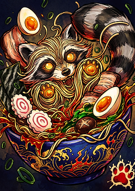 Raccoon Eating Ramen Bowl Illustration