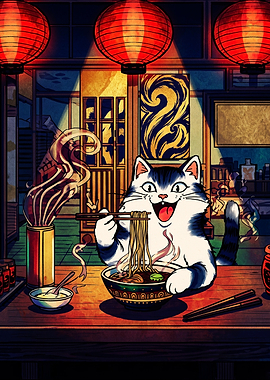 Happy Cat Eating Ramen Illustration