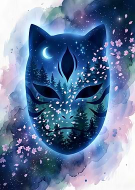 Ethereal Kitsune Mask with Forest Scenery