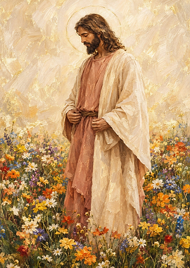 Jesus Standing in a Flower Field