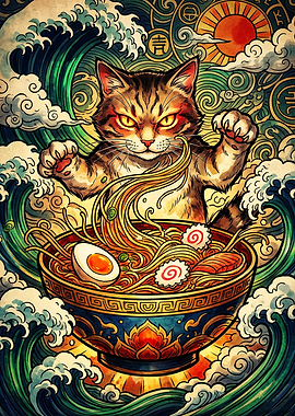 Cat Eating Ramen Ukiyo-e Style