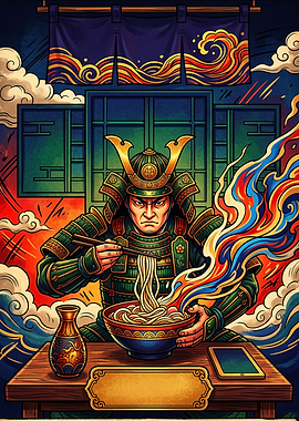 Samurai Eating Ramen Digital Illustration