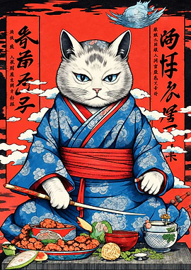 Samurai Cat in Traditional Kimono