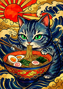 Cat Eating Ramen Ukiyo-e Style