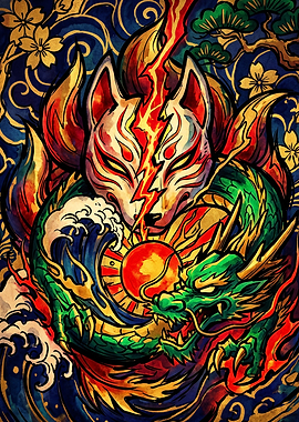 Kitsune Mask and Dragon Japanese Art