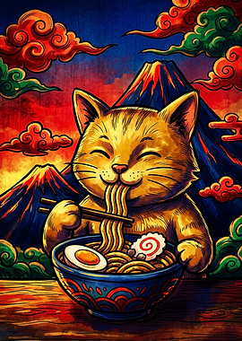 Cat Eating Ramen with Mount Fuji