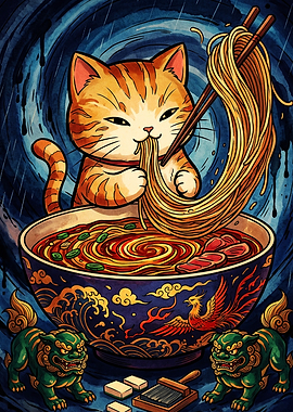 Cute Cat Eating Ramen Illustration