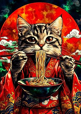 Cat Eating Ramen in Kimono