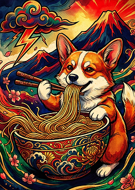 Corgi Eating Ramen Japanese Art