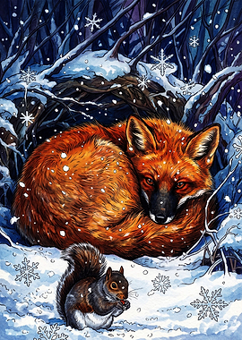 Fox and Squirrel in Winter Forest