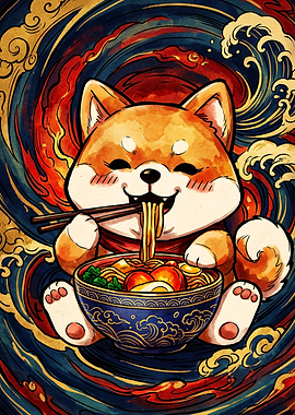 Shiba Inu Eating Ramen Illustration