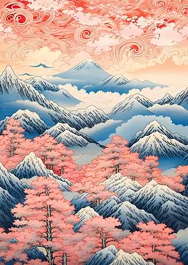 Ukiyo-e Style Mountain Landscape with Cherry Blossoms